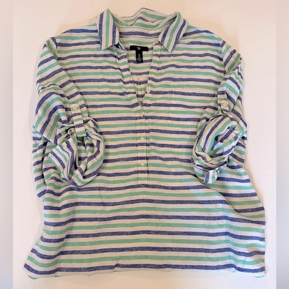Gap linen textured blue and green striped popover shirt - Women’s size large - Picture 2 of 4